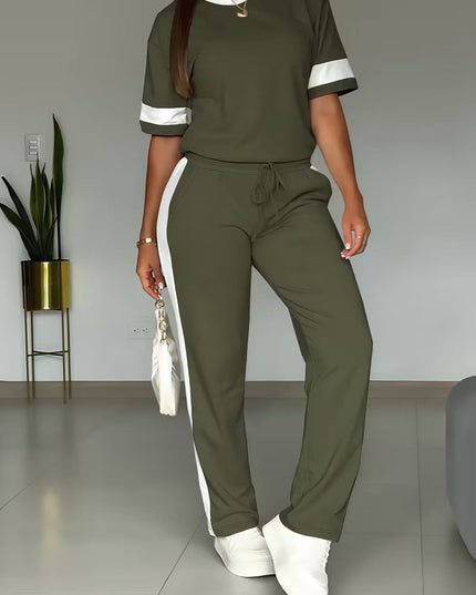Women's Color-Block Contrast 2-Piece Outfit – Top & Pants Set