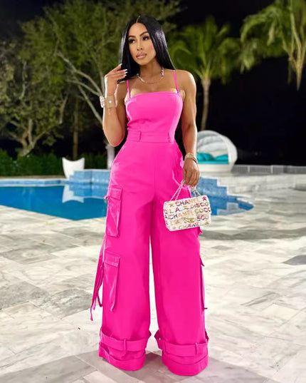 Tube Top Multi-pocket Cargo Wide Leg Jumpsuit
