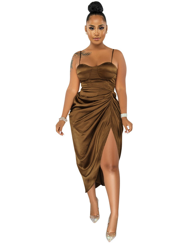 Fashion Solid Color Women's Sling Wrap Chest Ruched Slit Dress