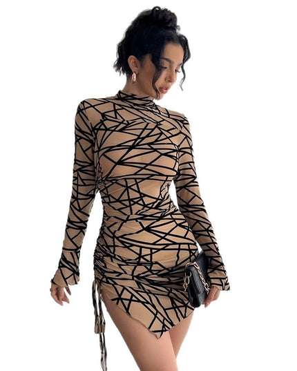 Slim-fit Side Drawstring Stand-up Collar Long-sleeved Irregular Short Dress