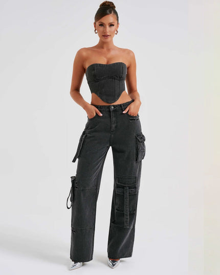 Tube Top And Pocket Stitching Jeans Pants