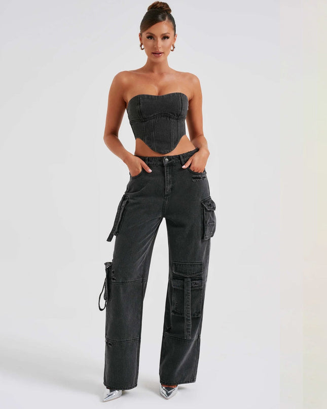Tube Top And Pocket Stitching Jeans Pants