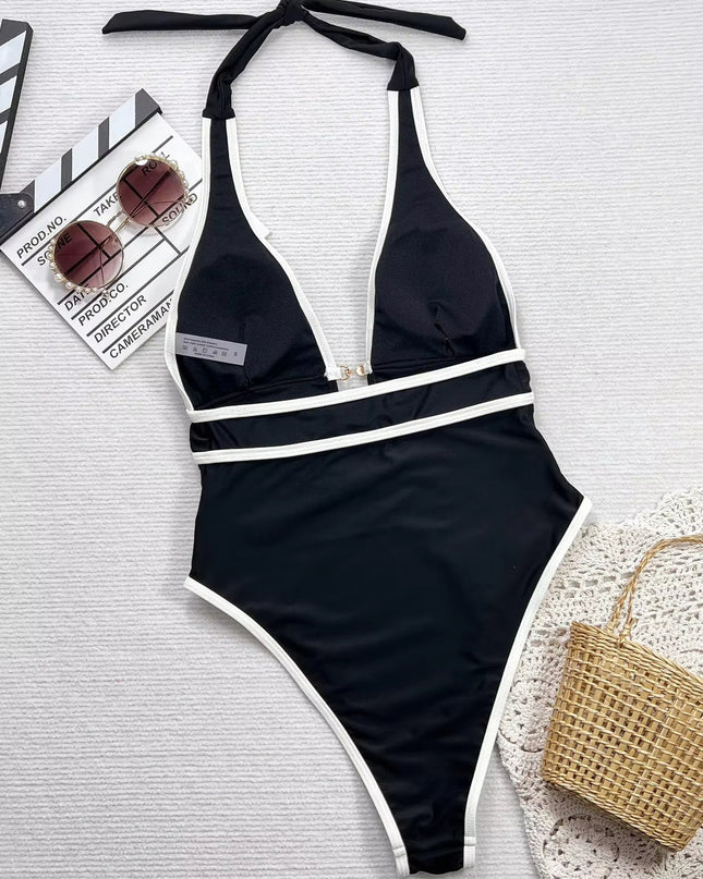 Sexy Bikini Suspender Deep V Black And White Cross Thin Swimsuit