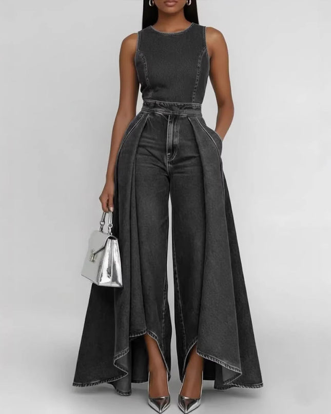 Women’s Crew Neck Sleeveless Wide-Leg Denim Jumpsuit FitiqueFit