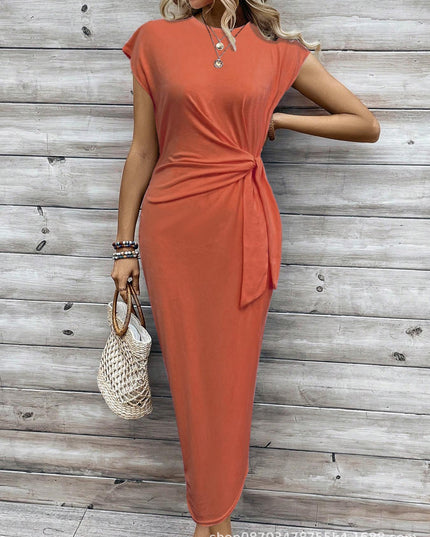 Elegant Waist Strap Striped Round Neck Short Sleeve And Long Pattern Dress