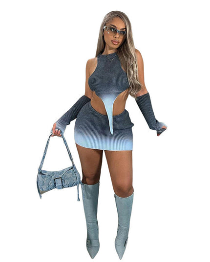 Knitted Gradient Irregular Top High Waist Skirt Set