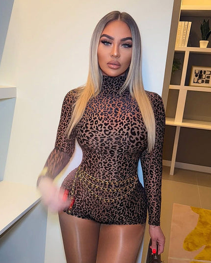Half Turtleneck Leopard Print Slim Fit Slimming romper Women