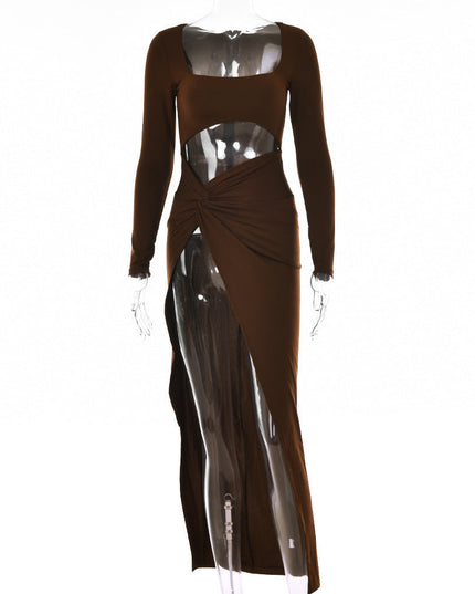 Womens Clothing Long Sleeve Dress Fashion Hollow U-neck Split Dress Party Wedding