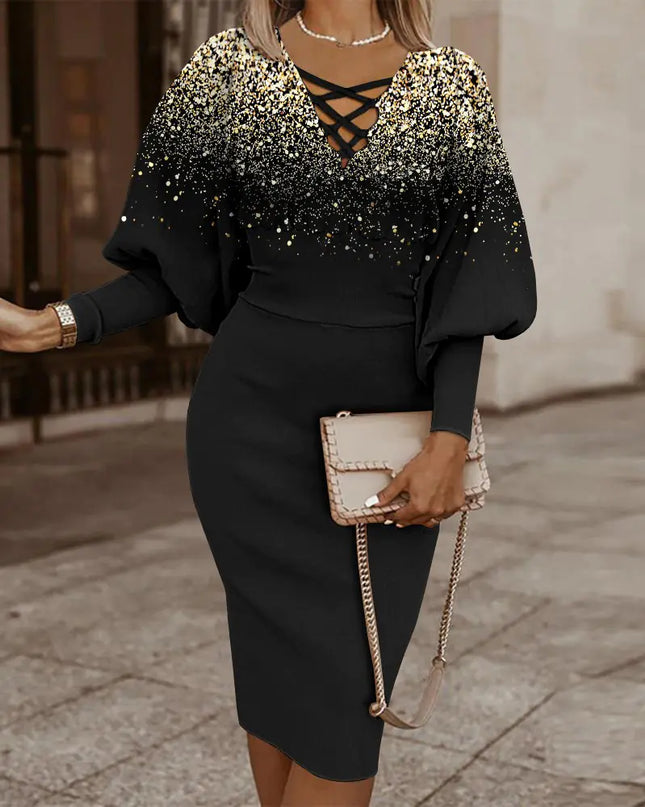 Elegant Women's V-Neck Long Sleeve Pencil Dress