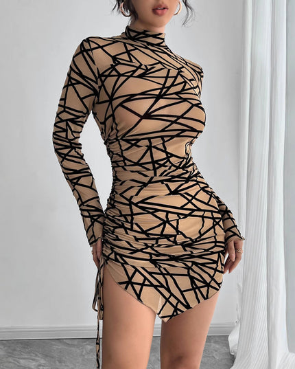 Slim-fit Side Drawstring Stand-up Collar Long-sleeved Irregular Short Dress