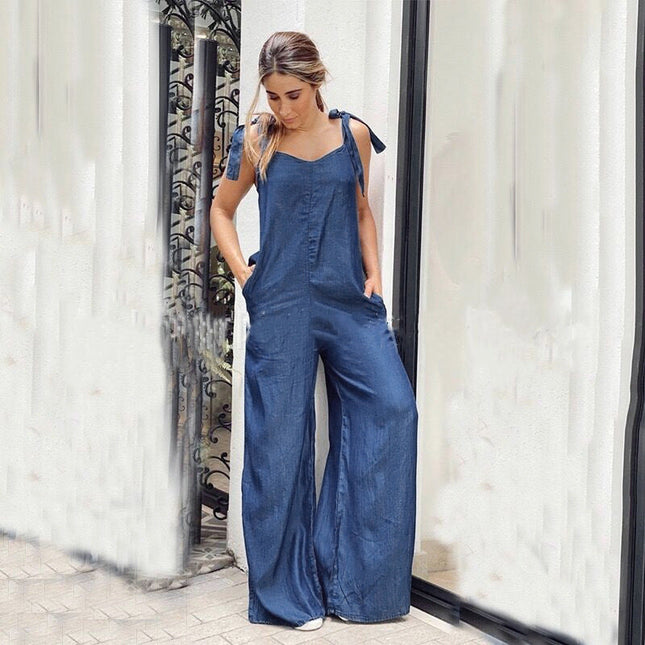 Women’s Crew Neck Sleeveless Wide-Leg Denim Jumpsuit FitiqueFit