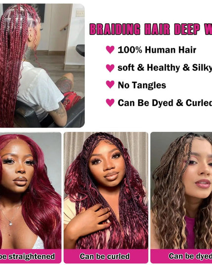 Junoda Hair #99j Burgundy Deep Wave Bulk Human Hair For Braiding No Weft Boho Braids Hair Extensions junoda