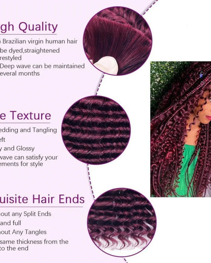 Junoda Hair #99j Burgundy Deep Wave Bulk Human Hair For Braiding No Weft Boho Braids Hair Extensions junoda