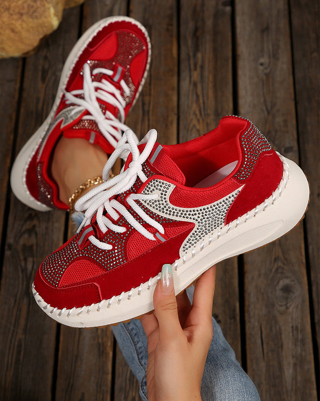 White Rhinestone PU Leather Platform Casual Sneakers
