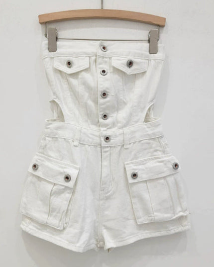 Hot Girl Breasted Hollow-out Midriff Tube Top Cowboy Siamese Shorts For Women