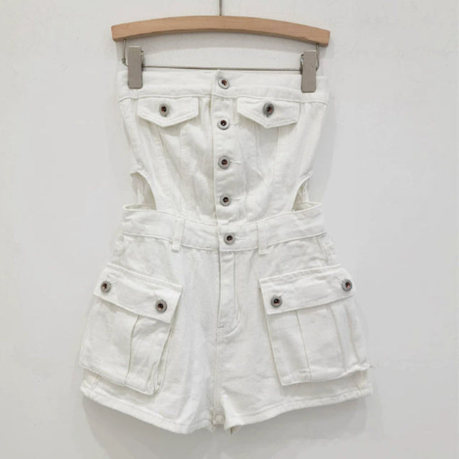 Hot Girl Breasted Hollow-out Midriff Tube Top Cowboy Siamese Shorts For Women
