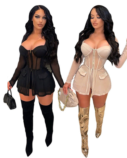 Gauze Mesh Sheer Two Piece Sportswear Women Zip Top Black Shorts Set