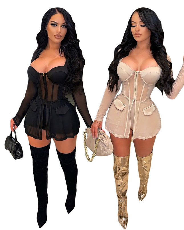 Gauze Mesh Sheer Two Piece Sportswear Women Zip Top Black Shorts Set