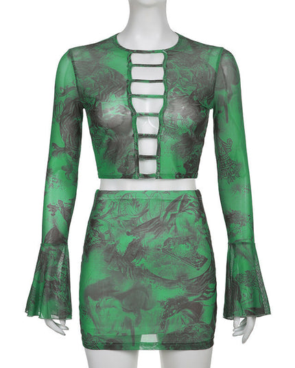 Bell Sleeve Cut out Top Mini Skirt set