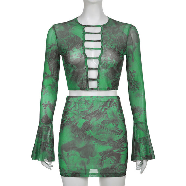 Bell Sleeve Cut out Top Mini Skirt set