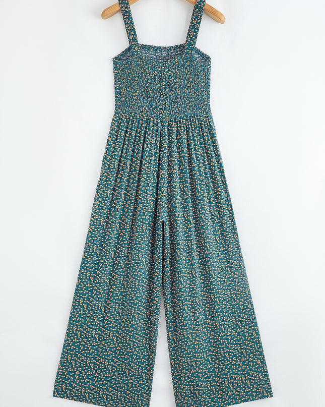 Green Floral Print Smocked High Waist Square Neck Jumpsuit