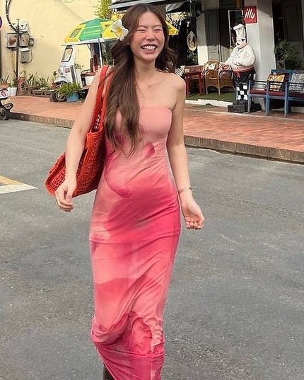 Contrast Color Tube Top Printing Dress