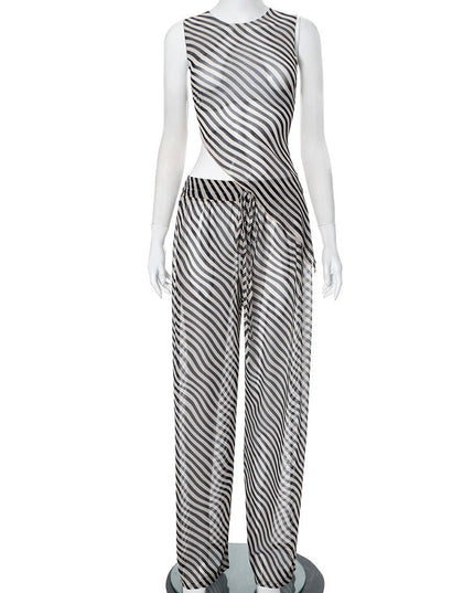 Women's Sleeveless Diagonal Stripes See-through Irregular Top Suit