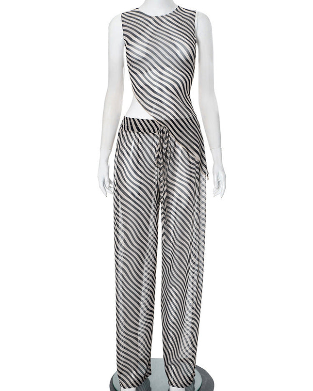 Women's Sleeveless Diagonal Stripes See-through Irregular Top Suit