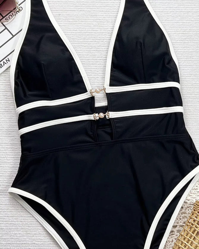 Sexy Bikini Suspender Deep V Black And White Cross Thin Swimsuit