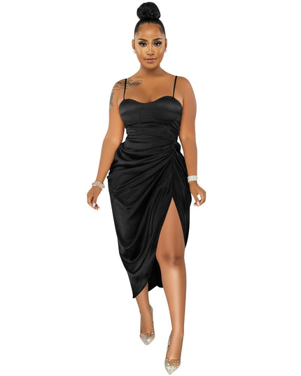 Fashion Solid Color Women's Sling Wrap Chest Ruched Slit Dress