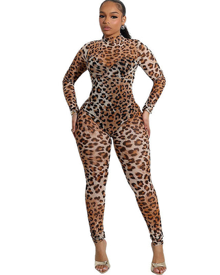 Women's Fashion Sexy Mesh Leopard Print High Waist Figure Flattering Sheath Jumpsuit