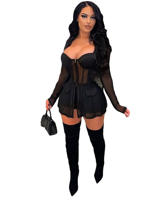 Gauze Mesh Sheer Two Piece Sportswear Women Zip Top Black Shorts Set
