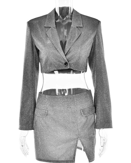 V-neck Long Sleeve Shiny Top Skirt Two-piece Suit