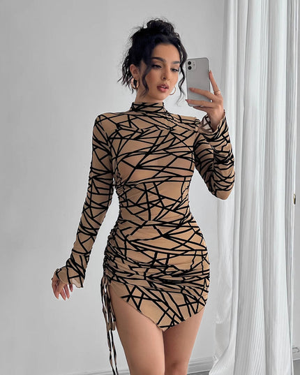 Slim-fit Side Drawstring Stand-up Collar Long-sleeved Irregular Short Dress