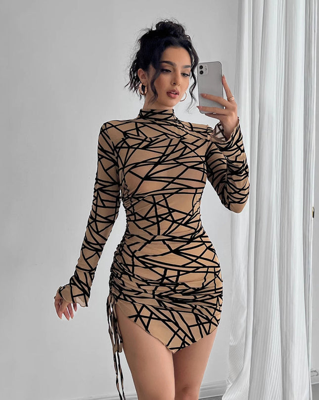 Slim-fit Side Drawstring Stand-up Collar Long-sleeved Irregular Short Dress