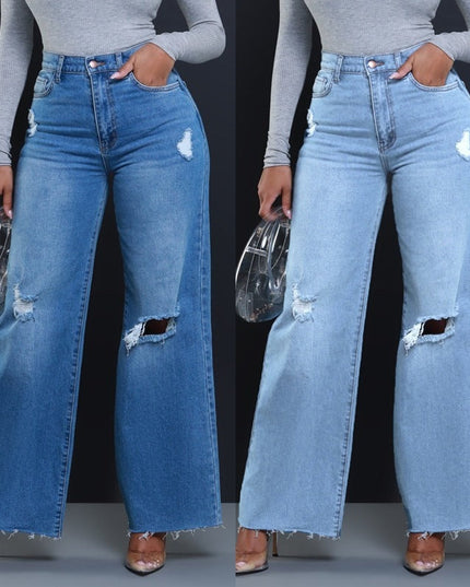 Women's Ripped High Waist Loose Straight Wide Leg Jeans