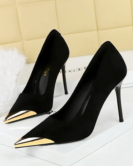 Black Stiletto High Heels with Gold Toe Cap - Women's Fashion Pumps