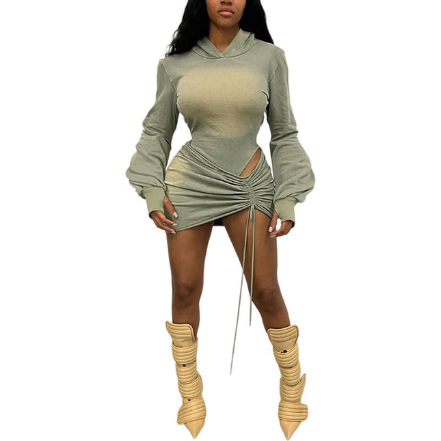 Women's Sexy Backless Hooded Jumpsuit Drawstring Bag Hip Skirt