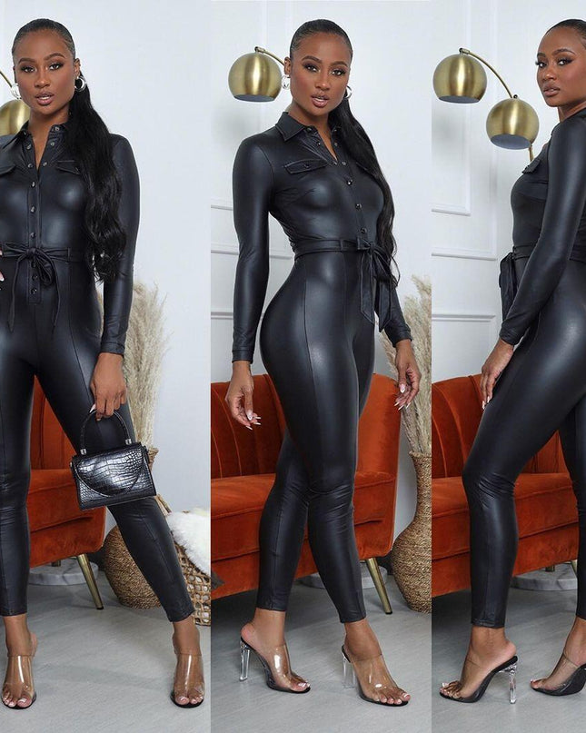 Winter PU Buckle Belt Jumpsuit For Women