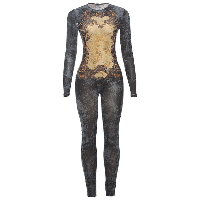 Women's Printed Sexy Mesh High Waist Slim-fit Zipper Long-sleeved Jumpsuit