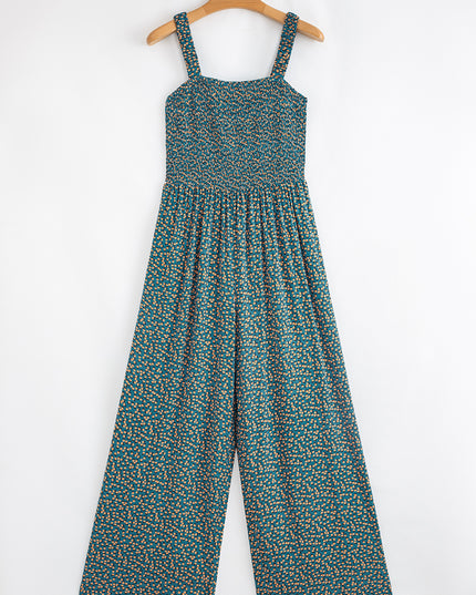 Green Floral Print Smocked High Waist Square Neck Jumpsuit