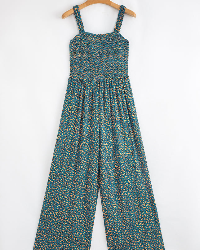 Green Floral Print Smocked High Waist Square Neck Jumpsuit