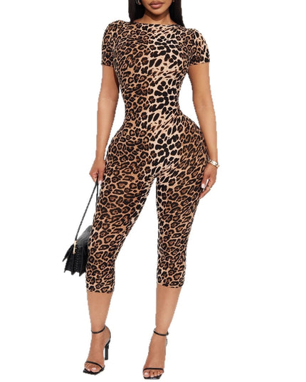 Stretchy Leopard-Print Short-Sleeve Backless Jumpsuit