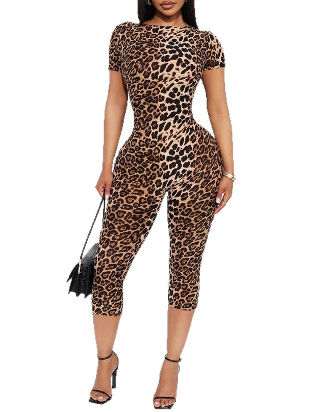 Stretchy Leopard-Print Short-Sleeve Backless Jumpsuit