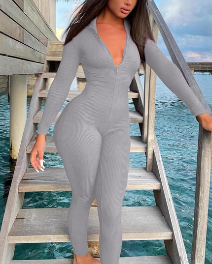 Casual Ribbed Zip-up Jumpsuit Long Sleeves