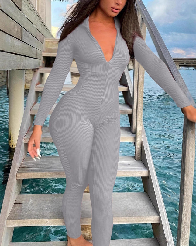Casual Ribbed Zip-up Jumpsuit Long Sleeves