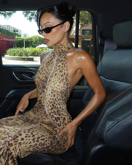 Bengal Beauty Leopard Print Backless Maxi Dress