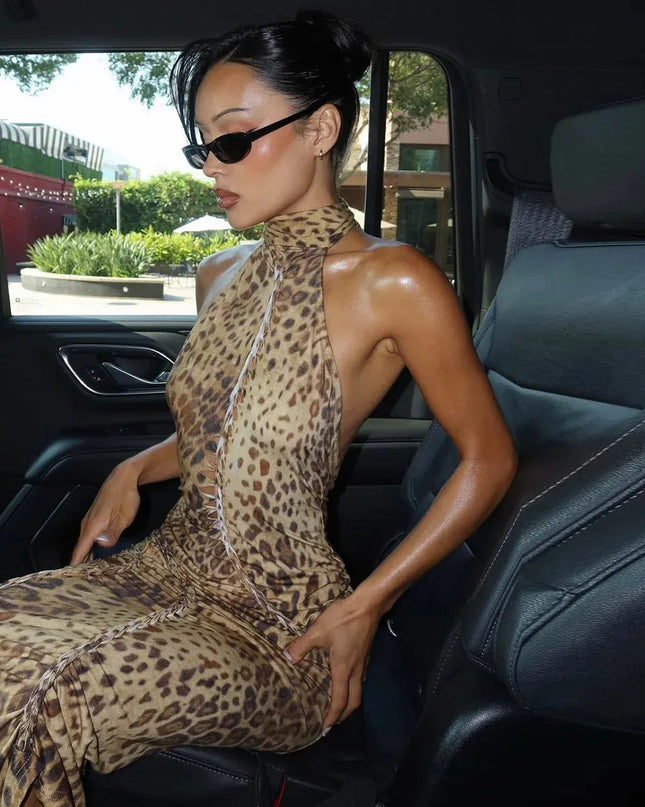 Bengal Beauty Leopard Print Backless Maxi Dress