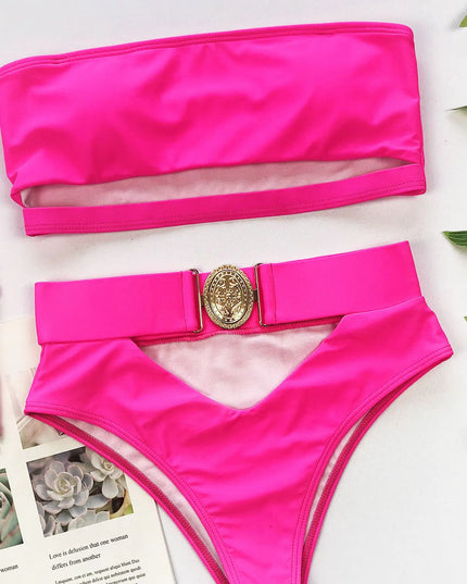 Chic Metal Buckle Strapless Bikini Swimsuit for Women
