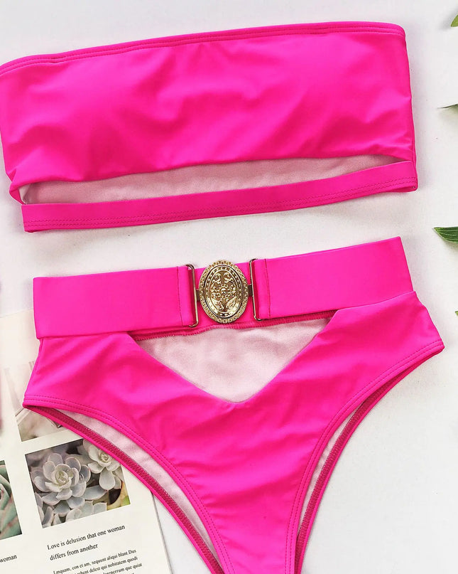 Chic Metal Buckle Strapless Bikini Swimsuit for Women